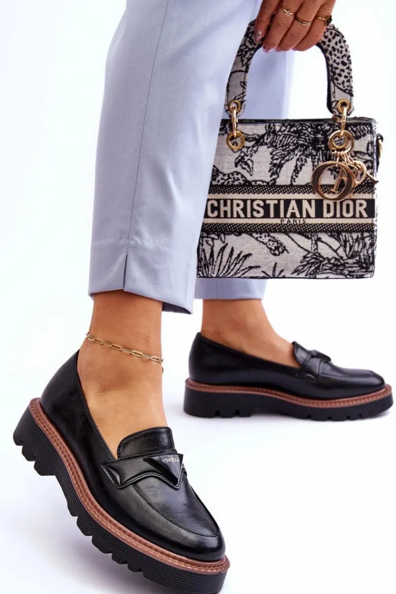 Outlet Buty damskie Vinceza Skórzane Damskie Mokasyny Na Platformie Z Ozdobą Czarne Jonett