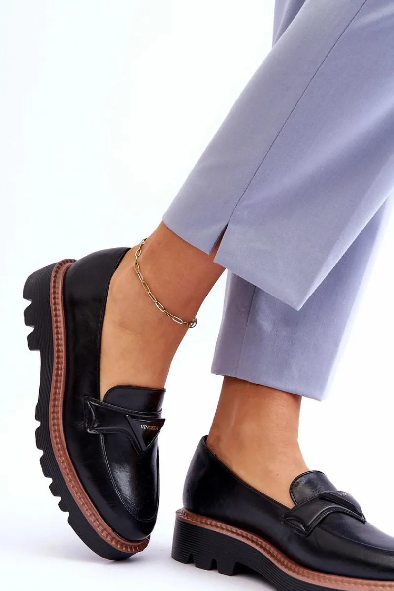 Outlet Buty damskie Vinceza Skórzane Damskie Mokasyny Na Platformie Z Ozdobą Czarne Jonett