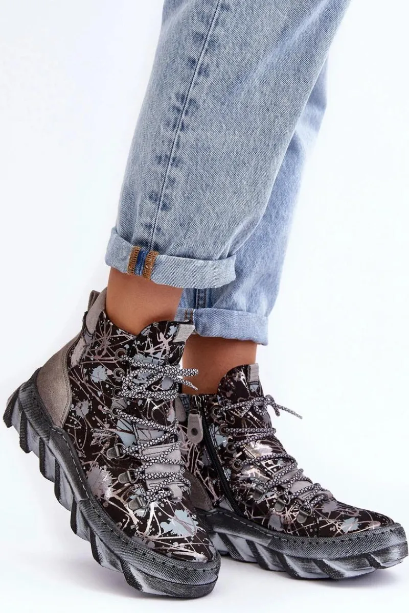 Botki Maciejka|Botki Płaskie>Maciejka Skórzane Damskie Ocieplane Botki 06146-03 Szare