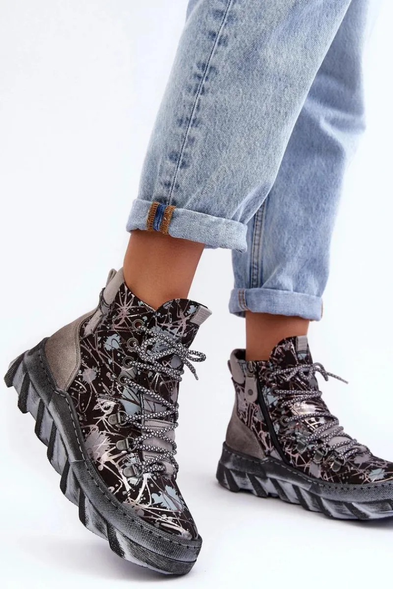 Botki Maciejka|Botki Płaskie>Maciejka Skórzane Damskie Ocieplane Botki 06146-03 Szare