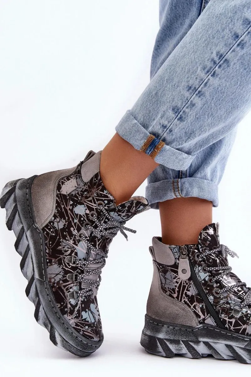 Botki Maciejka|Botki Płaskie>Maciejka Skórzane Damskie Ocieplane Botki 06146-03 Szare