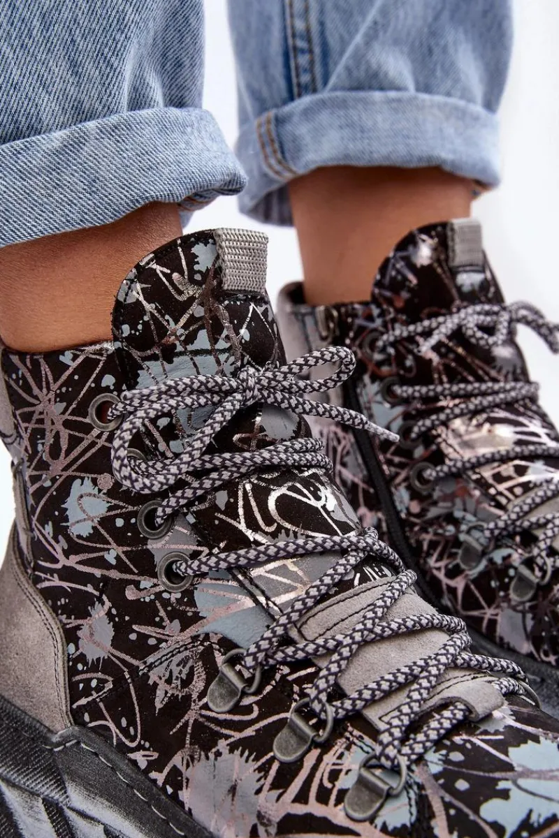 Botki Maciejka|Botki Płaskie>Maciejka Skórzane Damskie Ocieplane Botki 06146-03 Szare