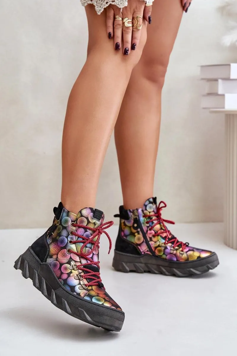 Botki Maciejka|Botki Płaskie>Maciejka Skórzane Damskie Ocieplane Botki 06146-39 Multikolor Wielokolorowy