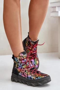 Botki Maciejka|Botki Płaskie>Maciejka Skórzane Damskie Ocieplane Botki 06146-39 Multikolor Wielokolorowy