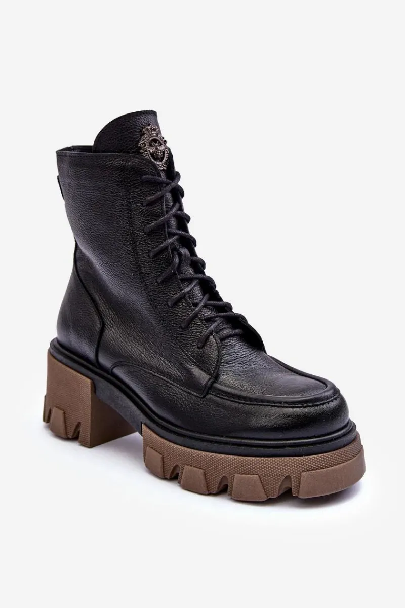 New Skórzane Damskie Ocieplane Botki Trapery Czarne Lemar Rehin Damskie Damskie Trapery|Botki Sznurowane