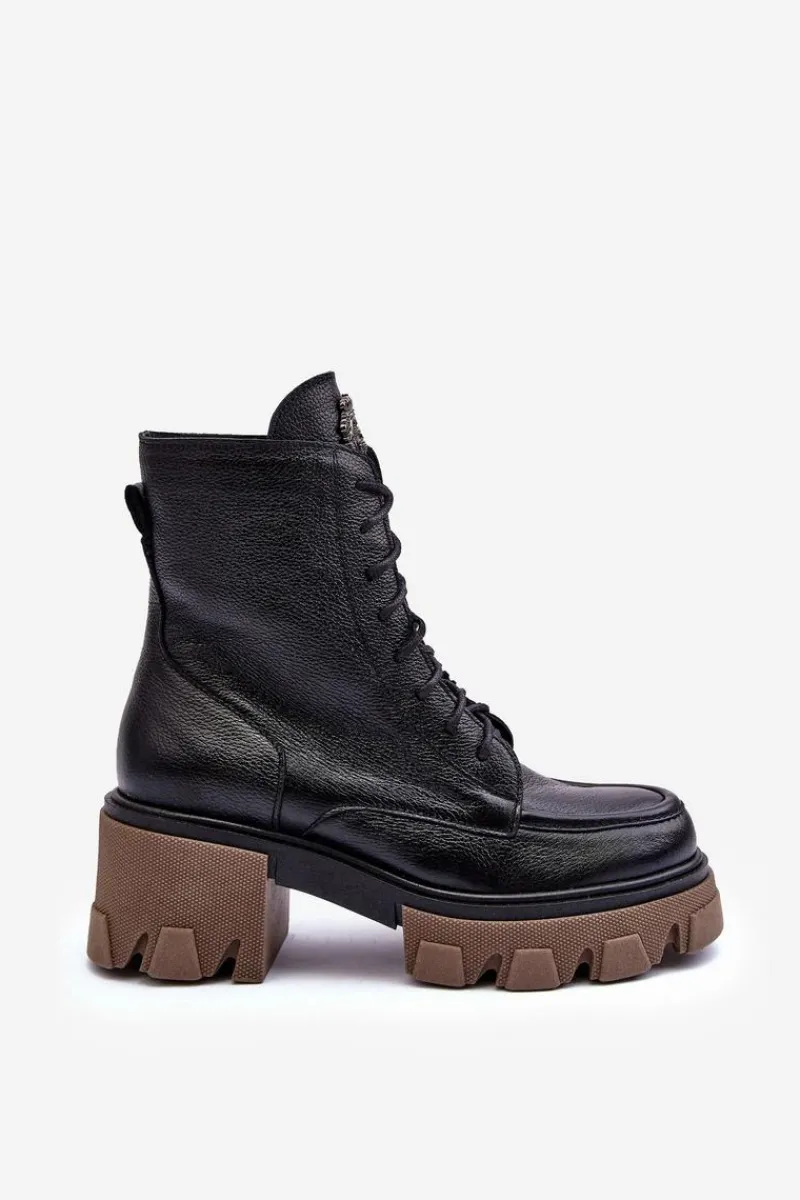 New Skórzane Damskie Ocieplane Botki Trapery Czarne Lemar Rehin Damskie Damskie Trapery|Botki Sznurowane