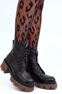 New Skórzane Damskie Ocieplane Botki Trapery Czarne Lemar Rehin Damskie Damskie Trapery|Botki Sznurowane