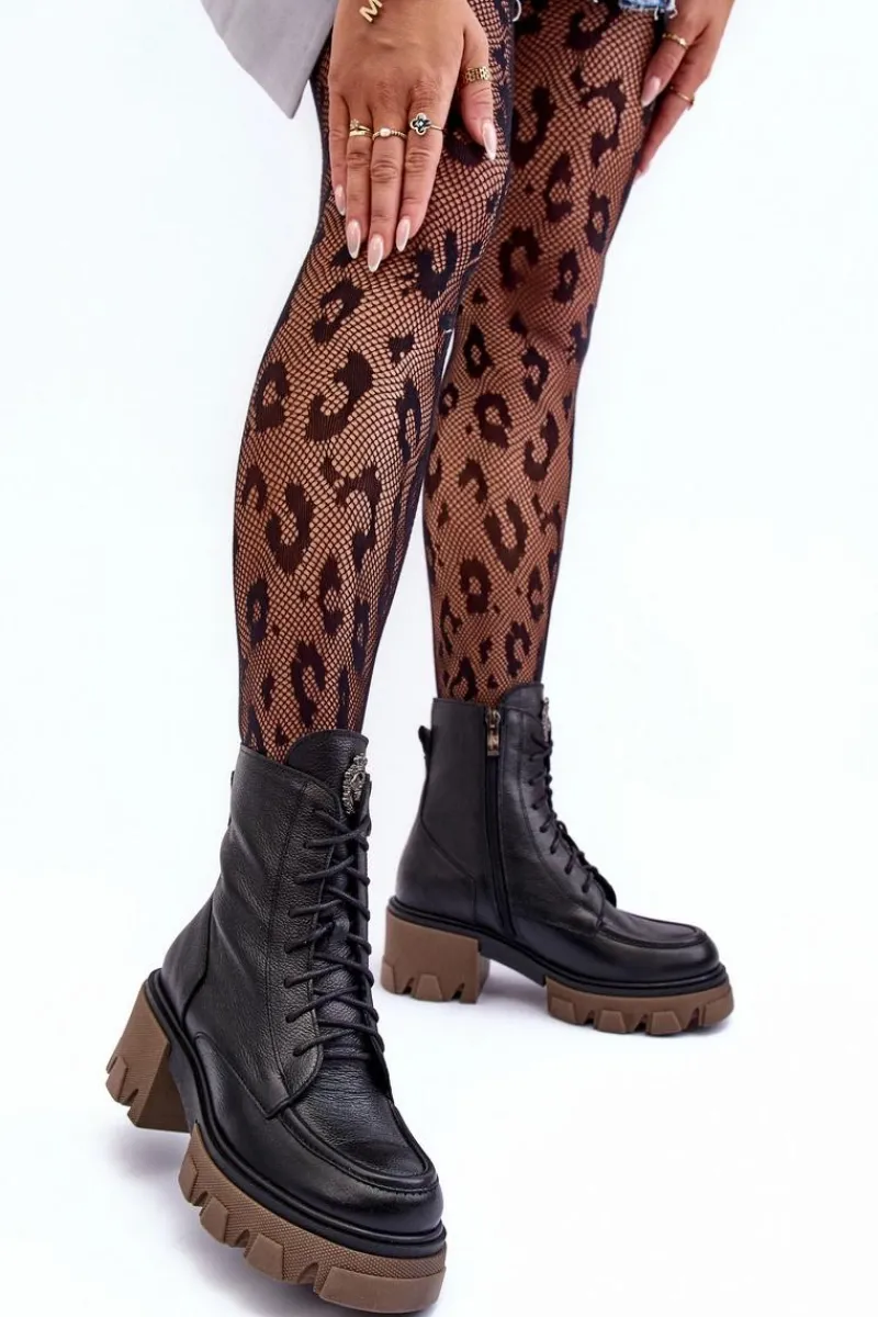 New Skórzane Damskie Ocieplane Botki Trapery Czarne Lemar Rehin Damskie Damskie Trapery|Botki Sznurowane