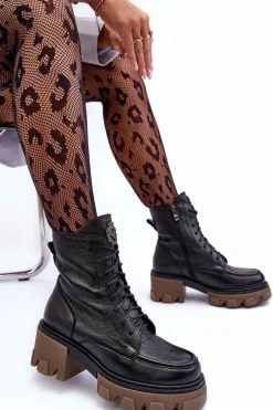 New Skórzane Damskie Ocieplane Botki Trapery Czarne Lemar Rehin Damskie Damskie Trapery|Botki Sznurowane