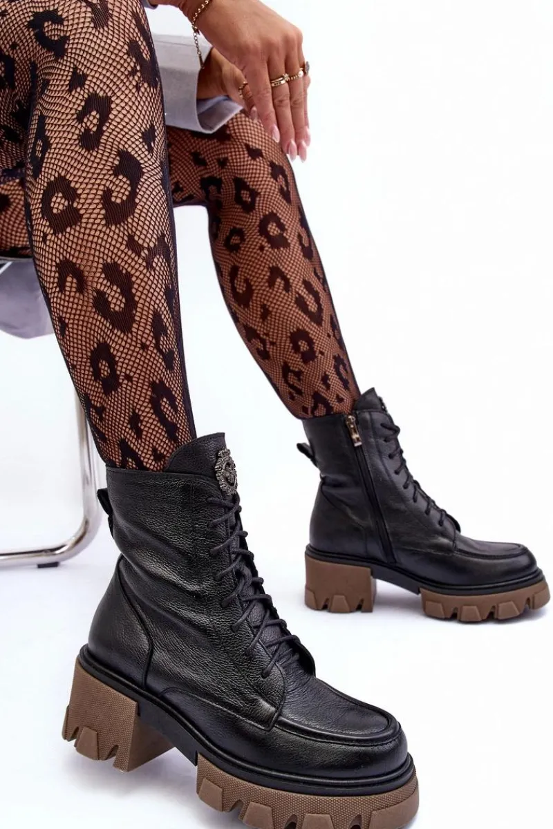 New Skórzane Damskie Ocieplane Botki Trapery Czarne Lemar Rehin Damskie Damskie Trapery|Botki Sznurowane