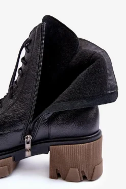 New Skórzane Damskie Ocieplane Botki Trapery Czarne Lemar Rehin Damskie Damskie Trapery|Botki Sznurowane