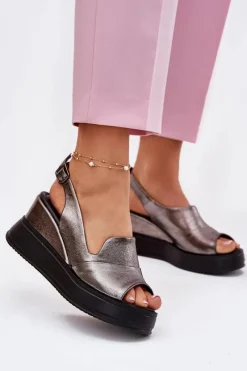 Sandały Na Koturnie>Artiker Skórzane Damskie Sandały Na Koturnie 54C0402 Grafitowe