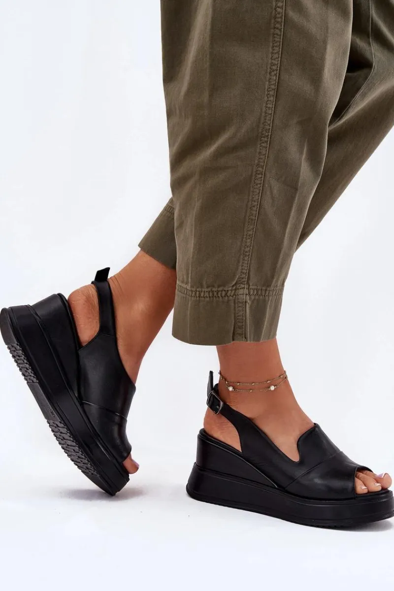 Online Artiker Skórzane Damskie Sandały Na Koturnie 52C0484 Czarne Czarny