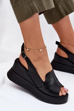 Online Artiker Skórzane Damskie Sandały Na Koturnie 52C0484 Czarne Czarny