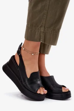 Online Artiker Skórzane Damskie Sandały Na Koturnie 52C0484 Czarne Czarny