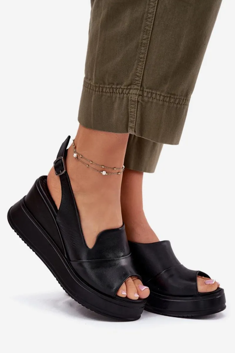 Online Artiker Skórzane Damskie Sandały Na Koturnie 52C0484 Czarne Czarny