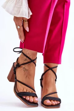 Discount Boto Skórzane Damskie Sandały Na Słupku Czarne Seyna