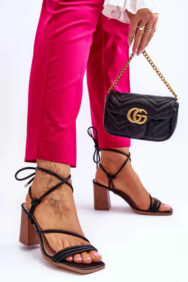 Discount Boto Skórzane Damskie Sandały Na Słupku Czarne Seyna