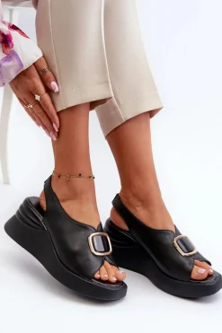 Hot Skórzane Damskie Sandały Na Koturnie Z Ozdobą Czarne Salvania Damskie Sandały Na Koturnie