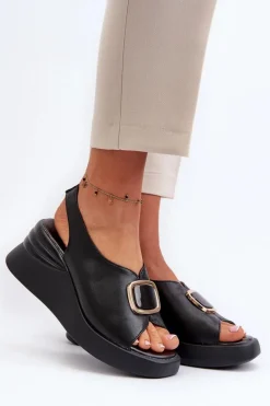 Hot Skórzane Damskie Sandały Na Koturnie Z Ozdobą Czarne Salvania Damskie Sandały Na Koturnie