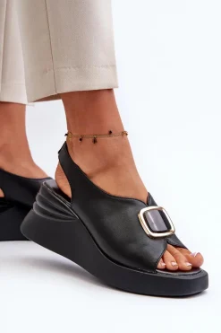 Hot Skórzane Damskie Sandały Na Koturnie Z Ozdobą Czarne Salvania Damskie Sandały Na Koturnie