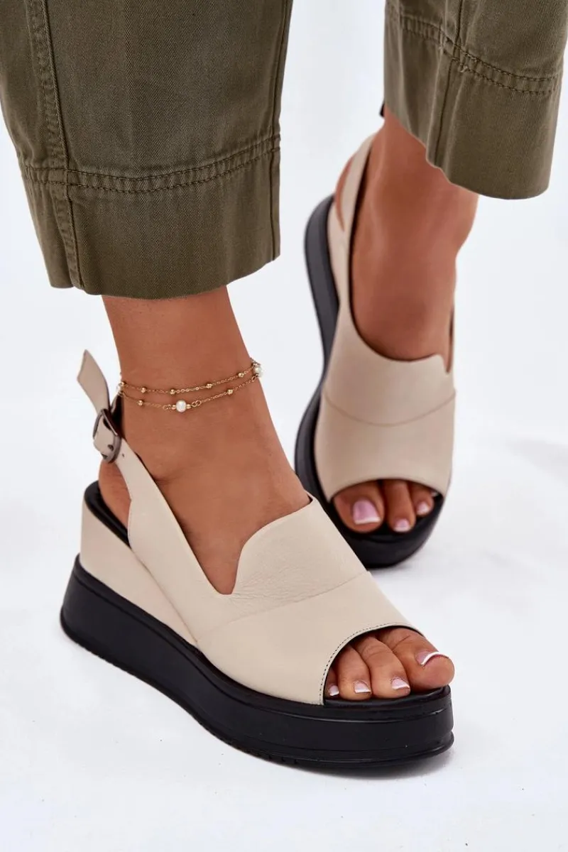 Hot Skórzane Damskie Sandały Na Koturnie 54C0401 Beżowe Damskie Sandały Na Koturnie