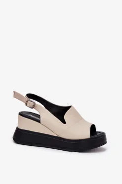 Hot Skórzane Damskie Sandały Na Koturnie 54C0401 Beżowe Damskie Sandały Na Koturnie