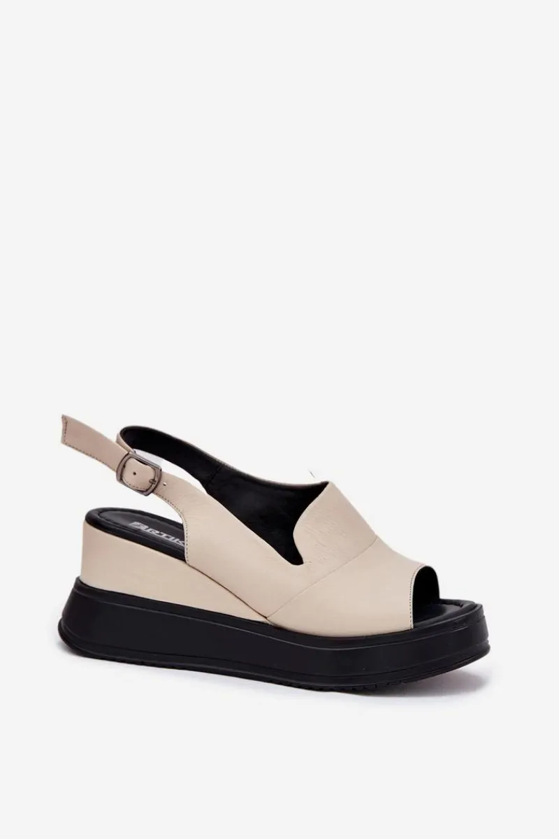 Hot Skórzane Damskie Sandały Na Koturnie 54C0401 Beżowe Damskie Sandały Na Koturnie