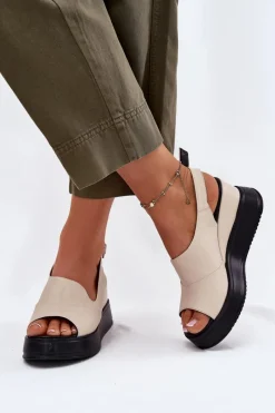 Hot Skórzane Damskie Sandały Na Koturnie 54C0401 Beżowe Damskie Sandały Na Koturnie