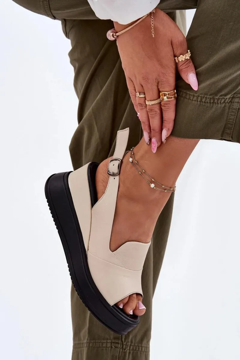 Hot Skórzane Damskie Sandały Na Koturnie 54C0401 Beżowe Damskie Sandały Na Koturnie