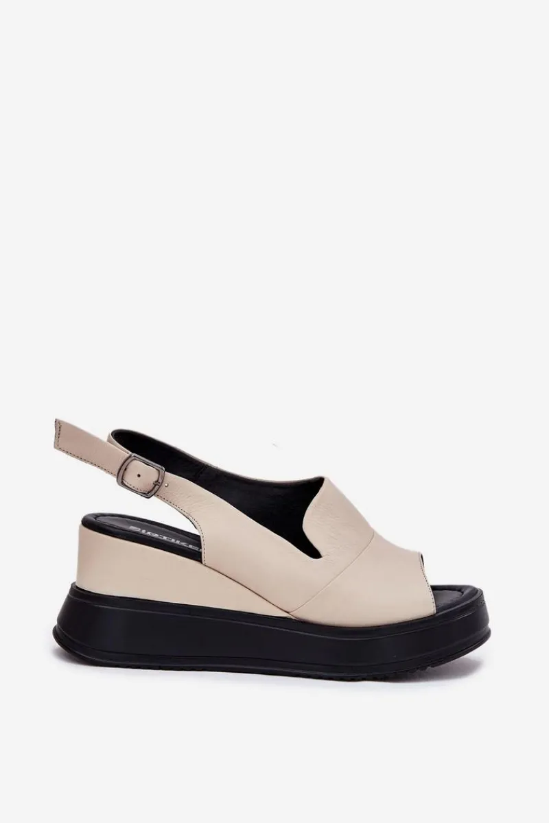 Hot Skórzane Damskie Sandały Na Koturnie 54C0401 Beżowe Damskie Sandały Na Koturnie