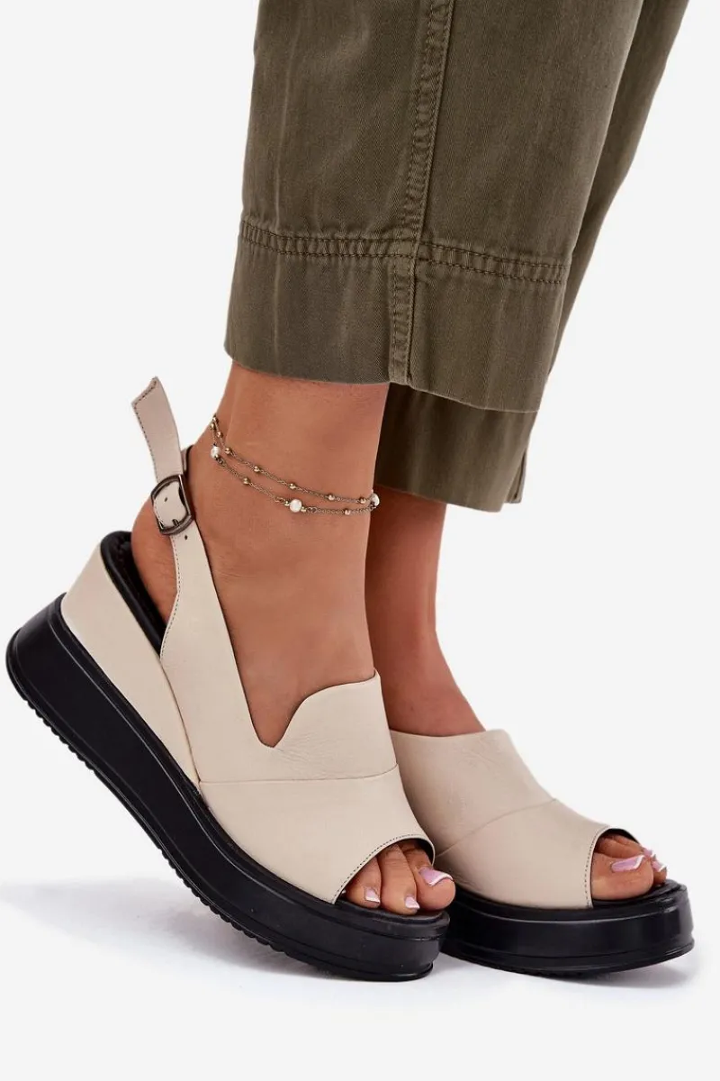 Hot Skórzane Damskie Sandały Na Koturnie 54C0401 Beżowe Damskie Sandały Na Koturnie