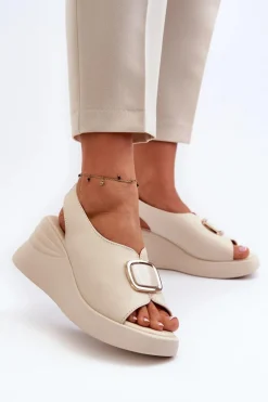 Sandały Na Koturnie>Evento Skórzane Damskie Sandały Na Koturnie Z Ozdobą Beżowe Salvania