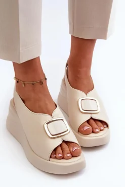 Sandały Na Koturnie>Evento Skórzane Damskie Sandały Na Koturnie Z Ozdobą Beżowe Salvania