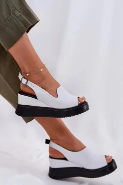 Clearance Skórzane Damskie Sandały Na Koturnie 52C0483 Białe Damskie Sandały Na Koturnie
