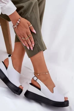 Clearance Skórzane Damskie Sandały Na Koturnie 52C0483 Białe Damskie Sandały Na Koturnie