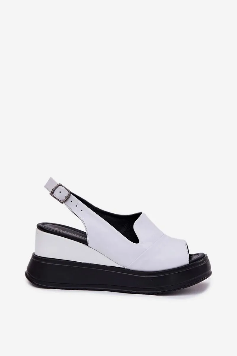 Clearance Skórzane Damskie Sandały Na Koturnie 52C0483 Białe Damskie Sandały Na Koturnie