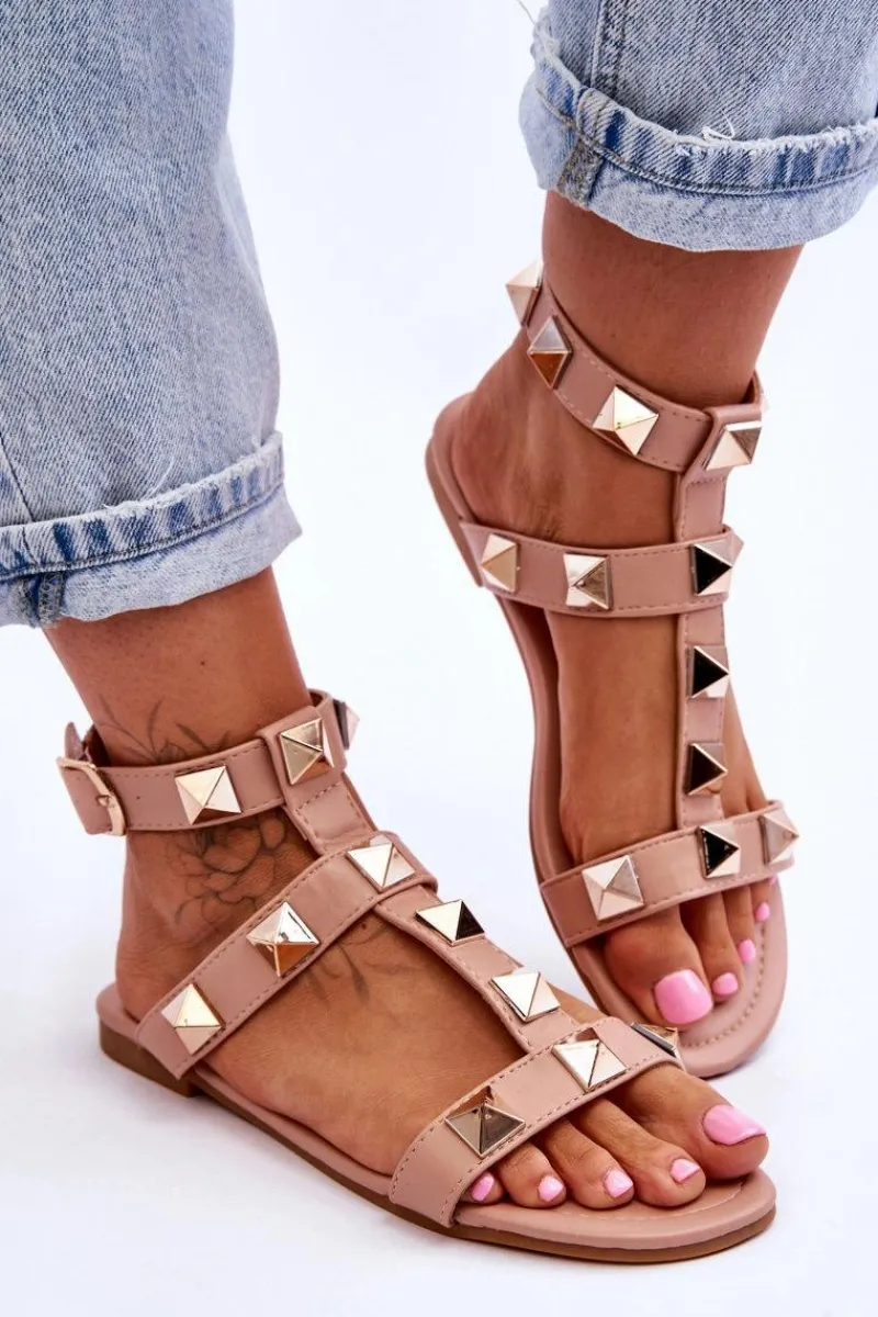 Sandały Płaskie>Boto Skórzane Damskie Sandały Z Dużymi Ćwiekami Nude Mishigan