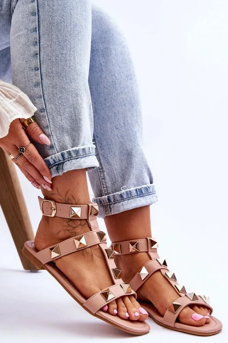 Sandały Płaskie>Boto Skórzane Damskie Sandały Z Dużymi Ćwiekami Nude Mishigan