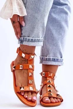 Sandały Płaskie>Boto Skórzane Damskie Sandały Z Dużymi Ćwiekami Pomarańczowe Mishigan