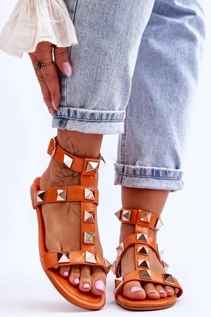 Sandały Płaskie>Boto Skórzane Damskie Sandały Z Dużymi Ćwiekami Pomarańczowe Mishigan