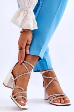 Best Boto Skórzane Damskie Sandały Z Cyrkoniami Na Obcasie Białe Liviano