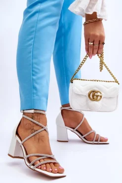 Best Boto Skórzane Damskie Sandały Z Cyrkoniami Na Obcasie Białe Liviano