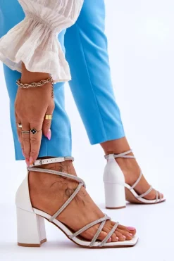 Best Boto Skórzane Damskie Sandały Z Cyrkoniami Na Obcasie Białe Liviano