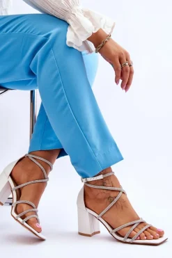 Best Boto Skórzane Damskie Sandały Z Cyrkoniami Na Obcasie Białe Liviano