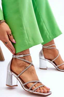 Best Skórzane Damskie Sandały Z Cyrkoniami Na Obcasie Srebrne Liviano Damskie Sandały Na Obcasie