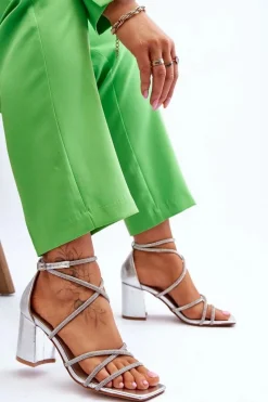 Best Skórzane Damskie Sandały Z Cyrkoniami Na Obcasie Srebrne Liviano Damskie Sandały Na Obcasie