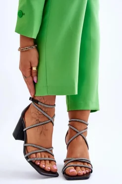 Boto Skórzane Damskie Sandały Z Cyrkoniami Na Obcasie Czarne Liviano