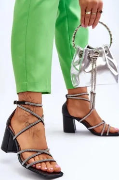 Boto Skórzane Damskie Sandały Z Cyrkoniami Na Obcasie Czarne Liviano