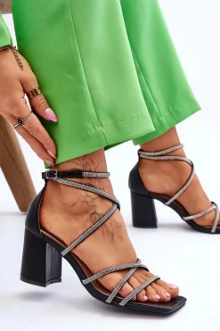 Boto Skórzane Damskie Sandały Z Cyrkoniami Na Obcasie Czarne Liviano